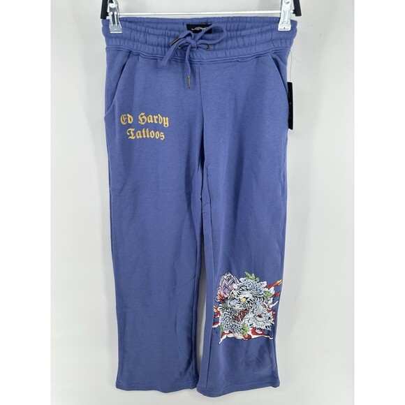Ed Hardy Sweatpants Womens XS Tiger Lotus Flower Flare Fleece Activewear - Picture 4 of 5